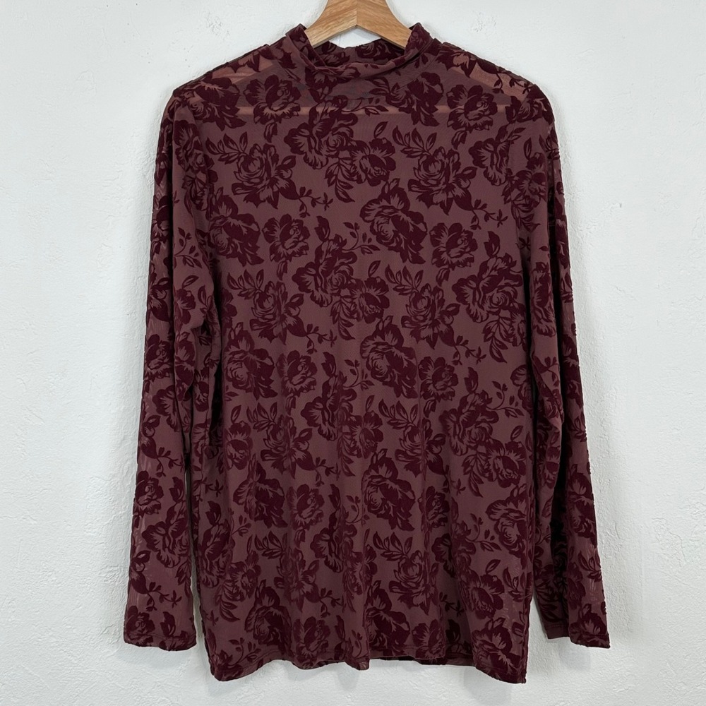 Dark Romantic Whimsigoth Top Sz 0 Burgundy Floral Burnout Mesh Layer Long Sleeve